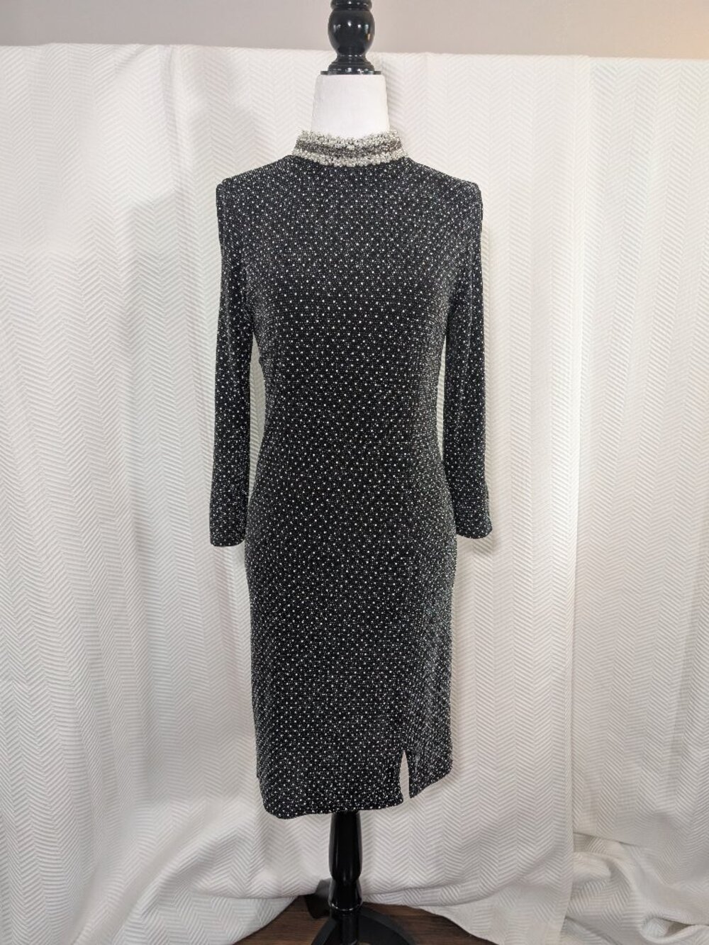 Topshop Beaded Pearl Collar Dress Black Polka Dot Size 6 Stretch Cocktail Party